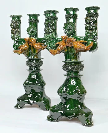 Artesanias Mex Juego De Dos Candeleros En Ceramica Esmaltada Brillante Verde
