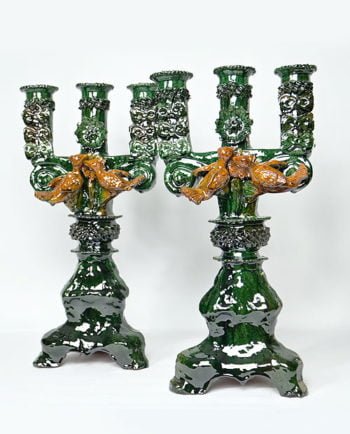 Artesanias Mex Juego De Dos Candeleros En Ceramica Esmaltada Verdes