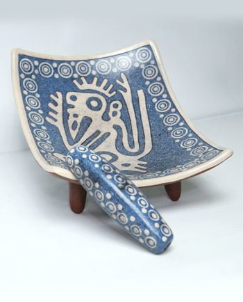 Artesanias Mex Metate De Ceramica Brunida Azul Y Blanco