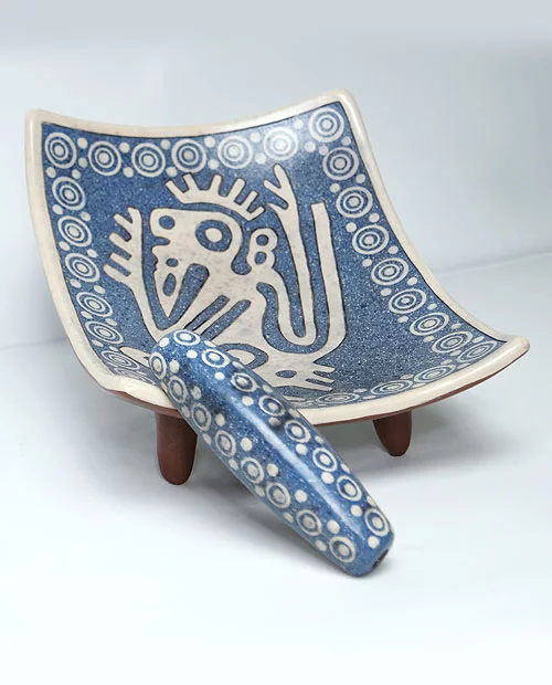 Artesanias Mex Metate De Ceramica Brunida Azul Y Blanco